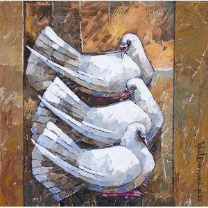Iqbal Durrani, Warm Union, 18 x 18 Inch, Oil on Canvas, Pigeon Painting, AC-IQD-212